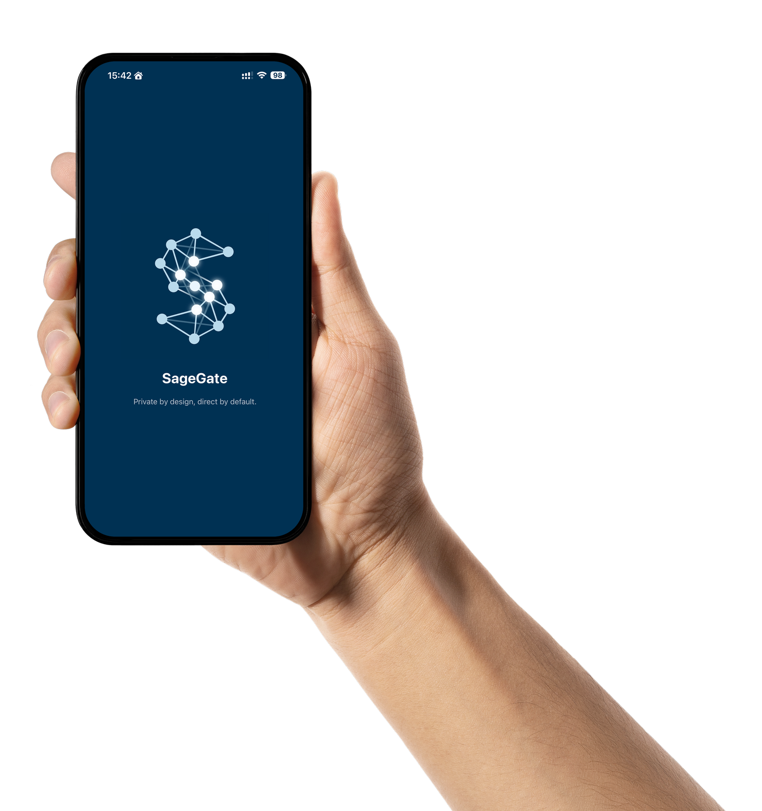 SageGate fonctionnant sur un iPhone tenu dans une main